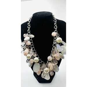 Vintage Blush Pink & Ivory Charm Cluster Statement Necklace Silver Tone